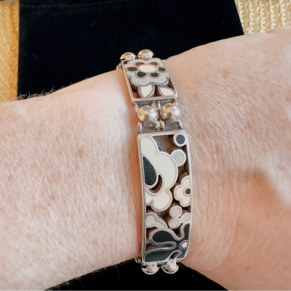 Brighton Art Deco Scroll Panel Floral Link Bracelet Vintage SZ 7.5